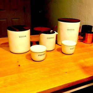 Hearth and hand storage jars for cookies coffee and sugar. Also salt and pepper